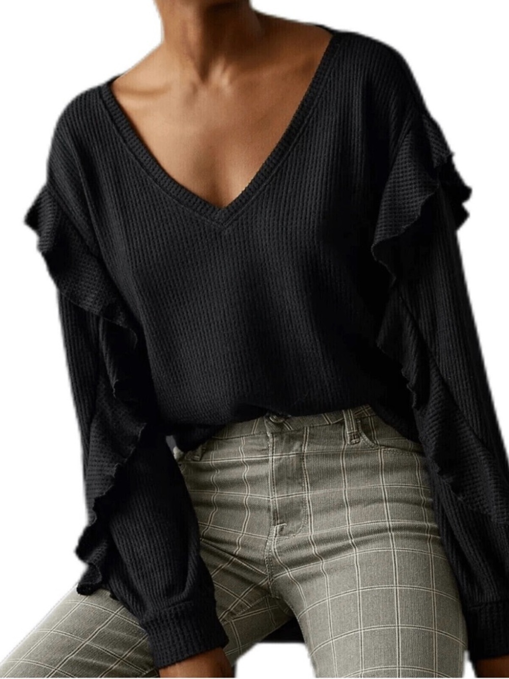 Pilcro Black Waffle Knit Top with Ruffle Trim